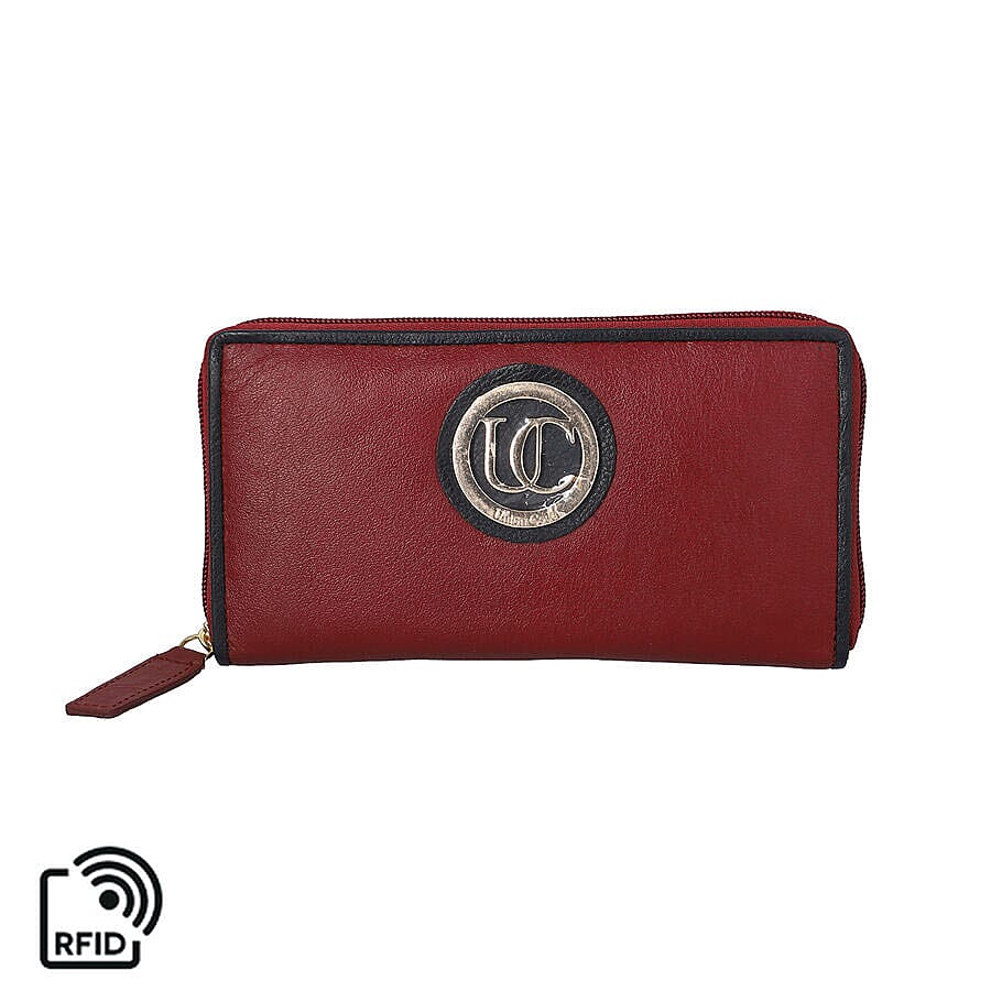 100% Genuine Leather RFID Black Wallet with White Piping and Zipper Closure