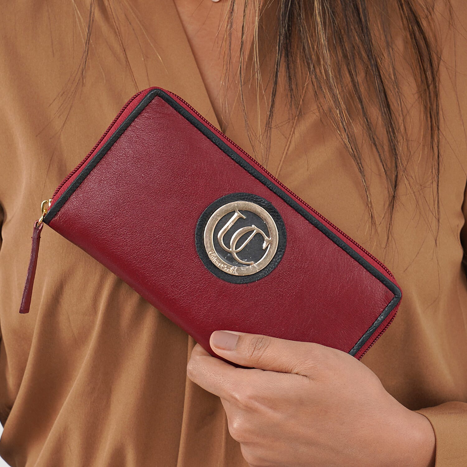 100% Genuine Leather RFID Black Wallet with White Piping and Zipper Closure