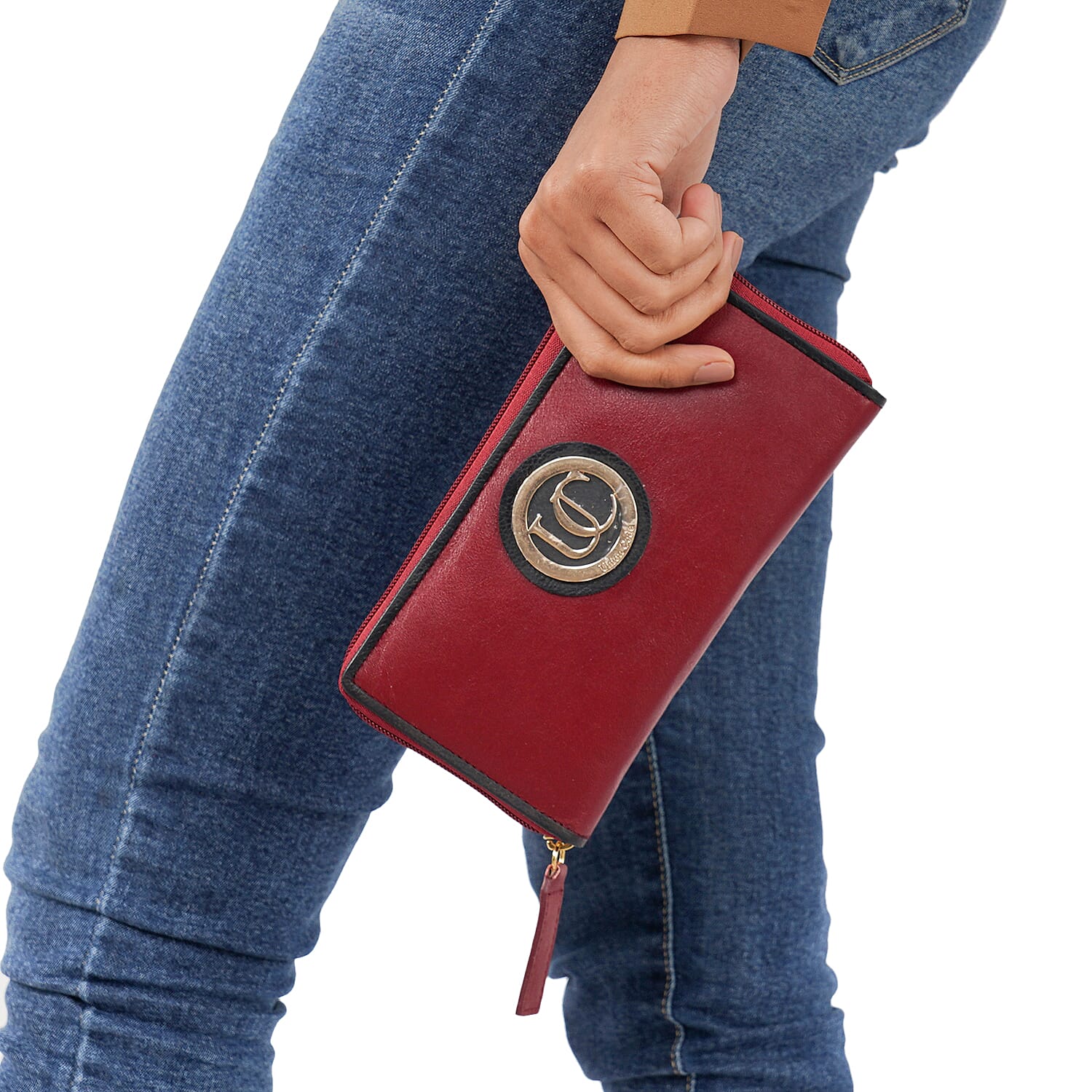 100% Genuine Leather RFID Black Wallet with White Piping and Zipper Closure