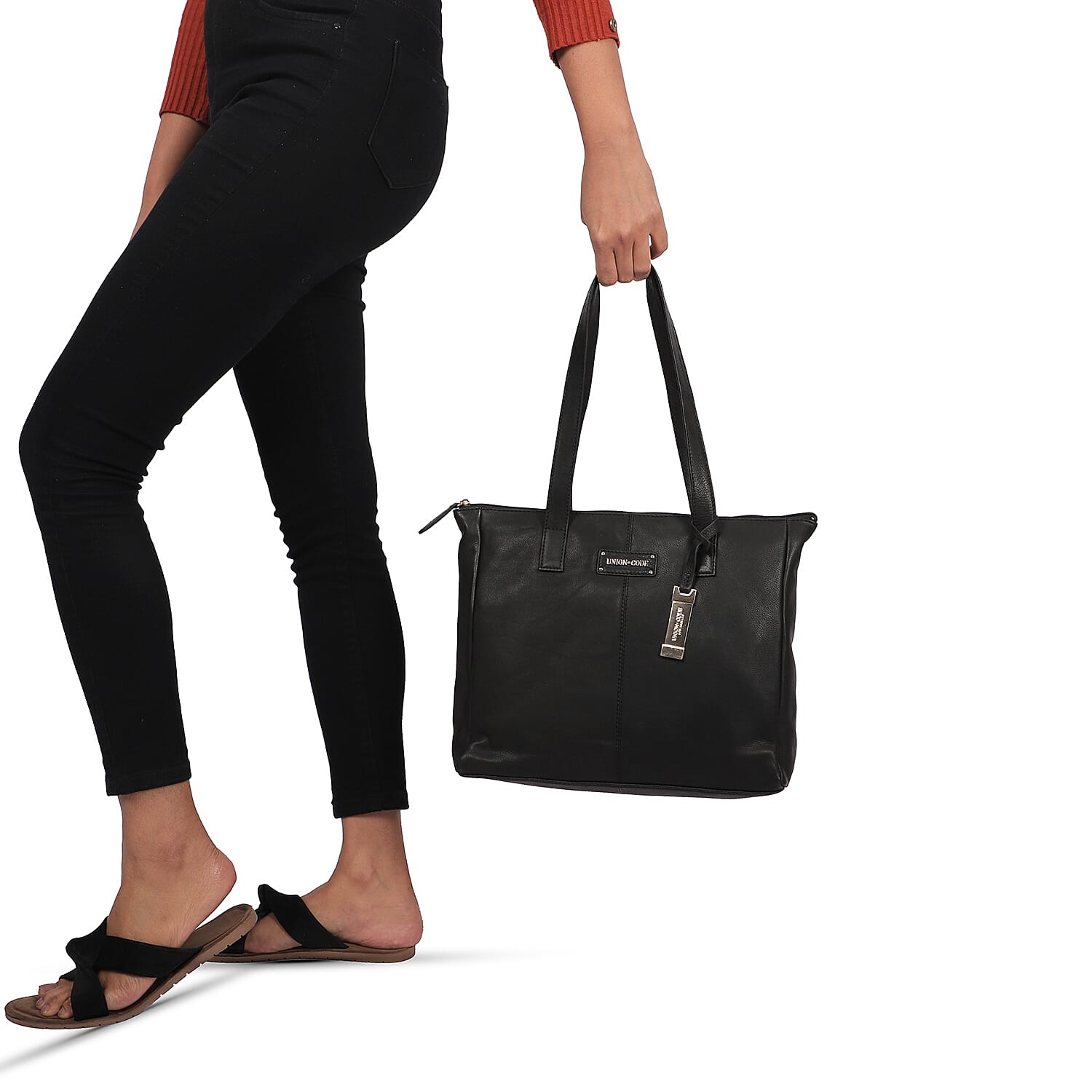 Union Code Genuine Leather Black Tote Bag and RFID Wrislet with Zipper Closure