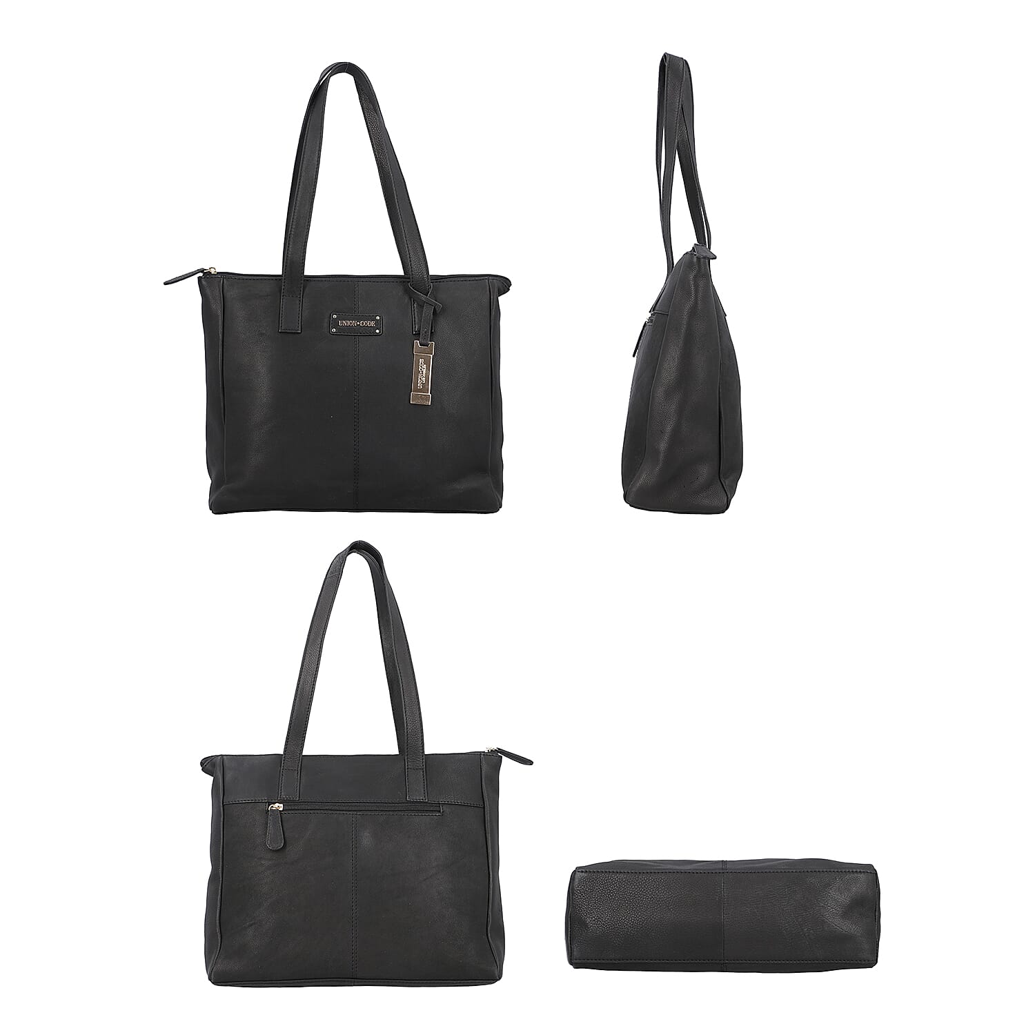 Union Code Genuine Leather Black Tote Bag and RFID Wrislet with Zipper Closure