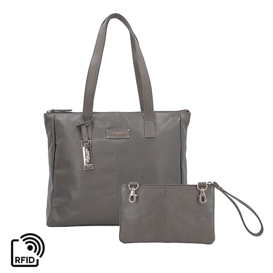 Union Code Genuine Leather Black Tote Bag and RFID Wrislet with Zipper Closure
