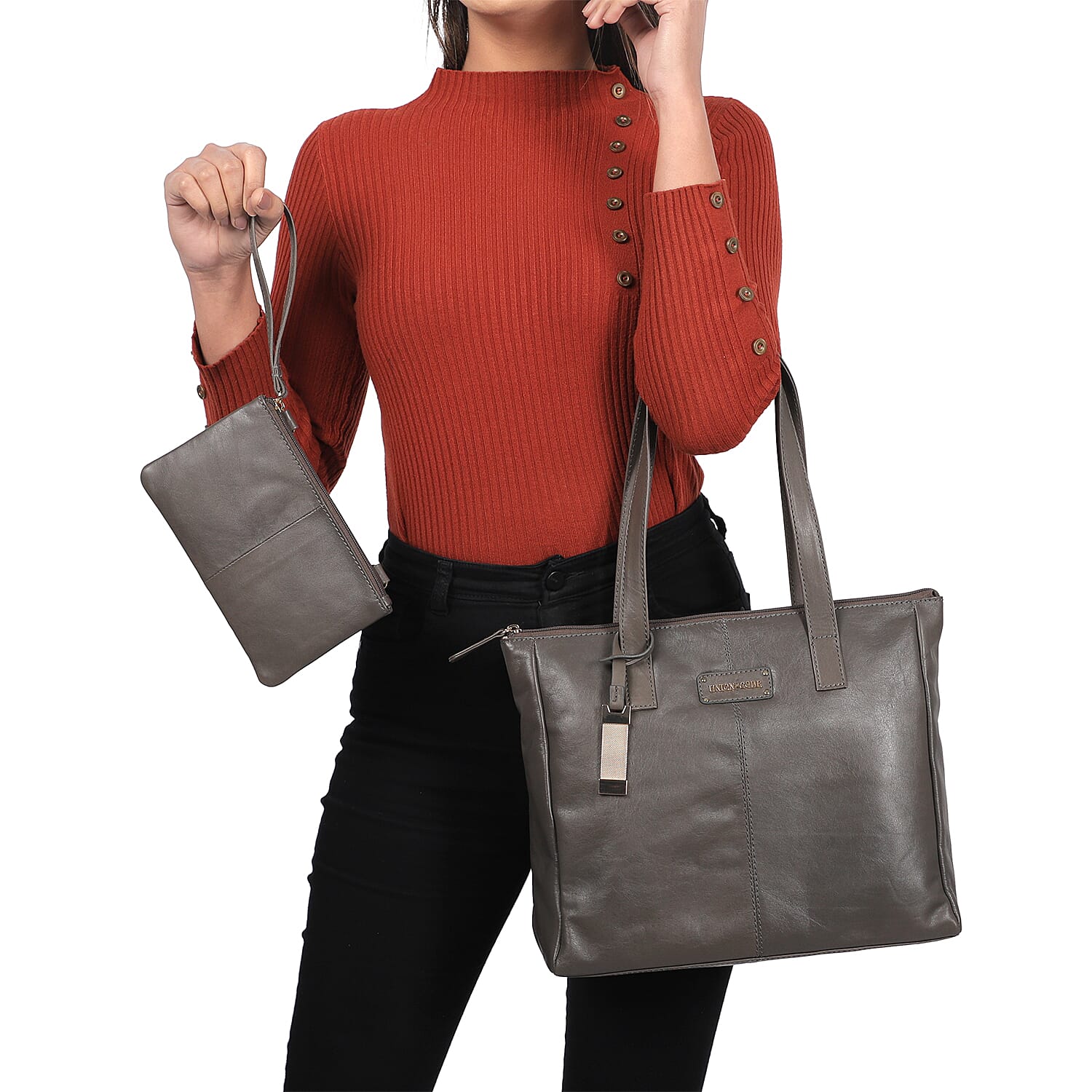 Union Code Genuine Leather Black Tote Bag and RFID Wrislet with Zipper Closure