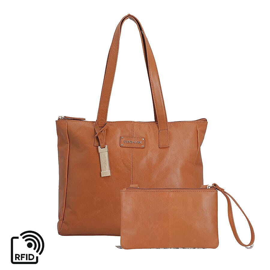 Union Code Genuine Leather Black Tote Bag and RFID Wrislet with Zipper Closure