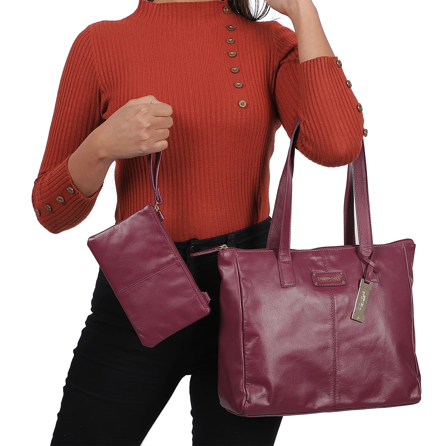 Union Code Genuine Leather Black Tote Bag and RFID Wrislet with Zipper Closure