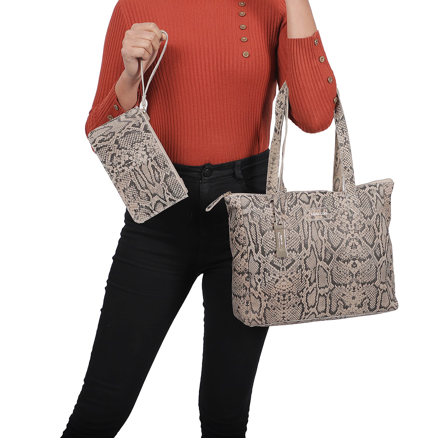 Union Code Genuine Leather Black Tote Bag and RFID Wrislet with Zipper Closure