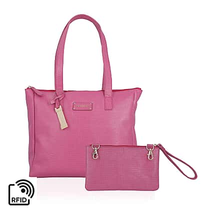 100% Genuine Leather Fuchsia Tote Bag and RFID Wristlet with