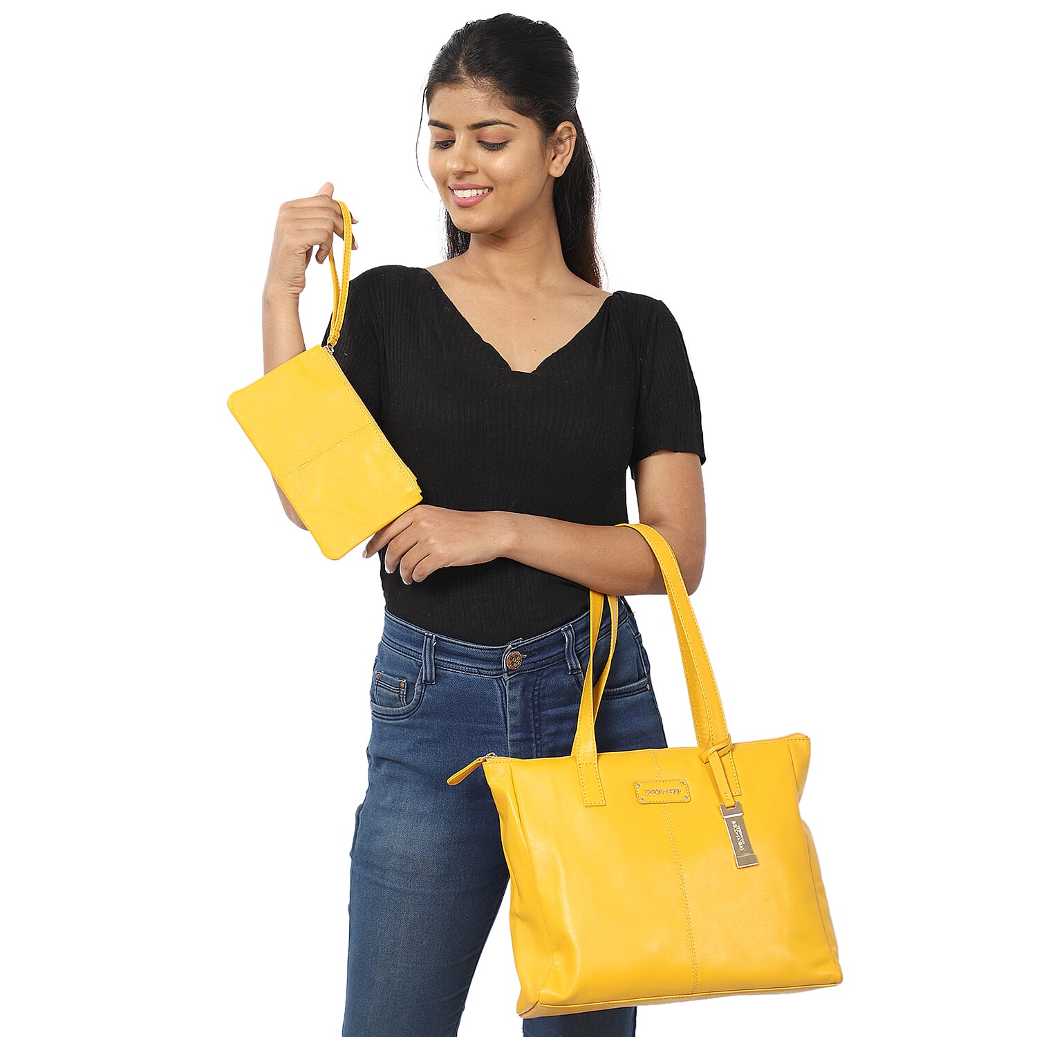 Union Code 100% Genuine Leather Blue Tote Bag and RFID Wristlet/Clutch Bag