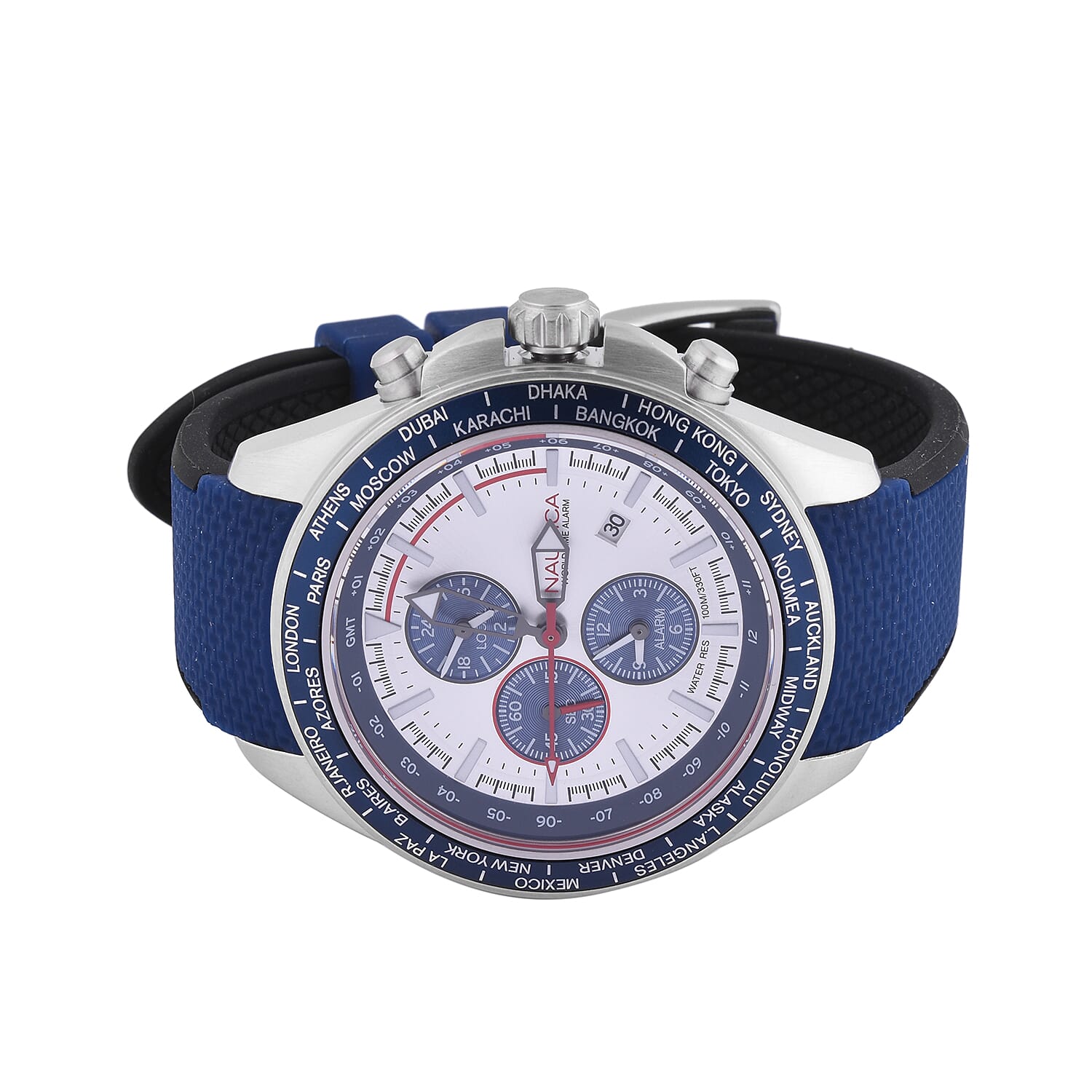 Nautica Ocean Beach 100 ATM Water Resistant Chronograph Mens Watch with Navy Silicone Strap - 46MM