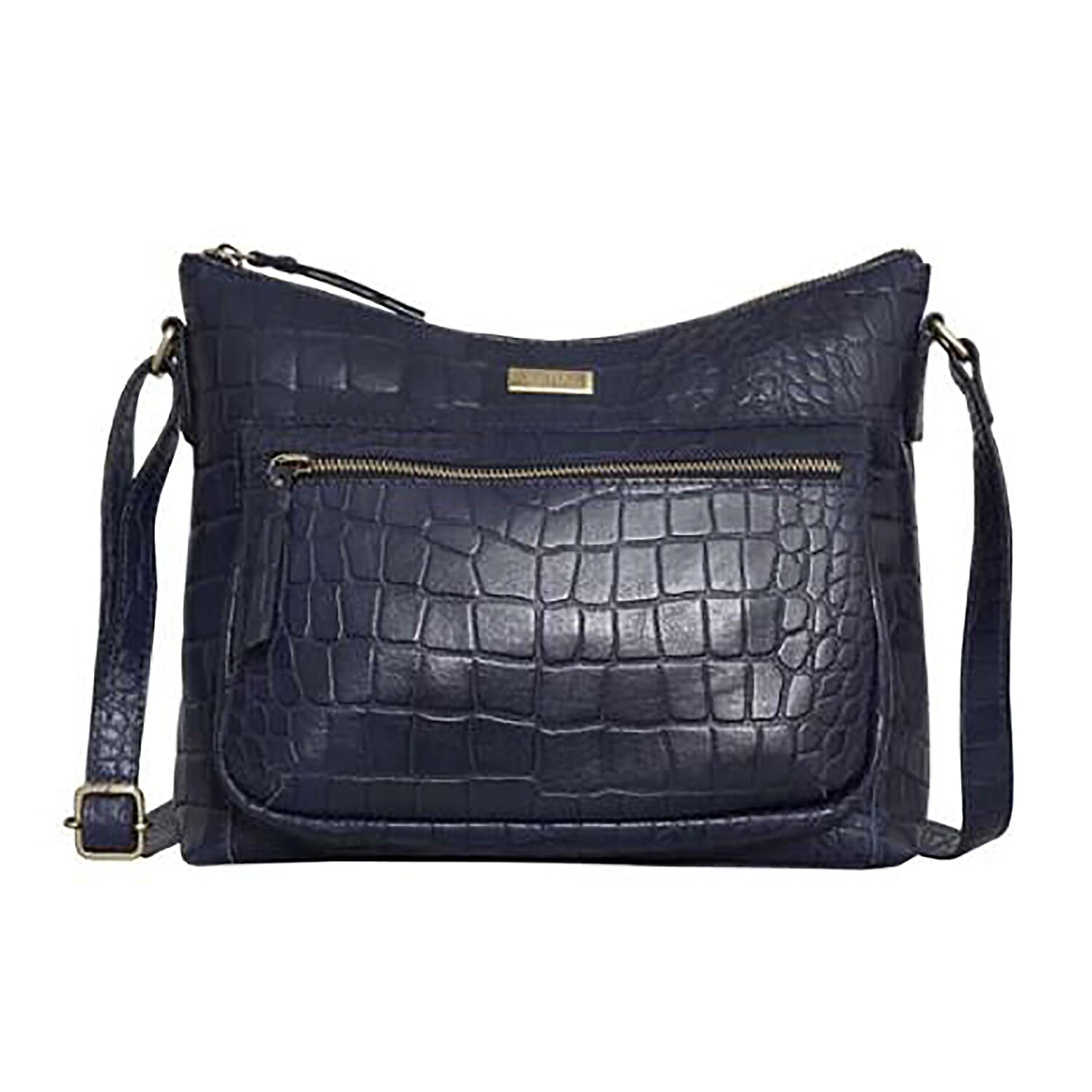 Assots London OLGA Croc Embossed Genuine Leather Crossbody Bag with Zipper Closure and Adjustable Strap (Size 30x9.5x26 Cm) - Navy