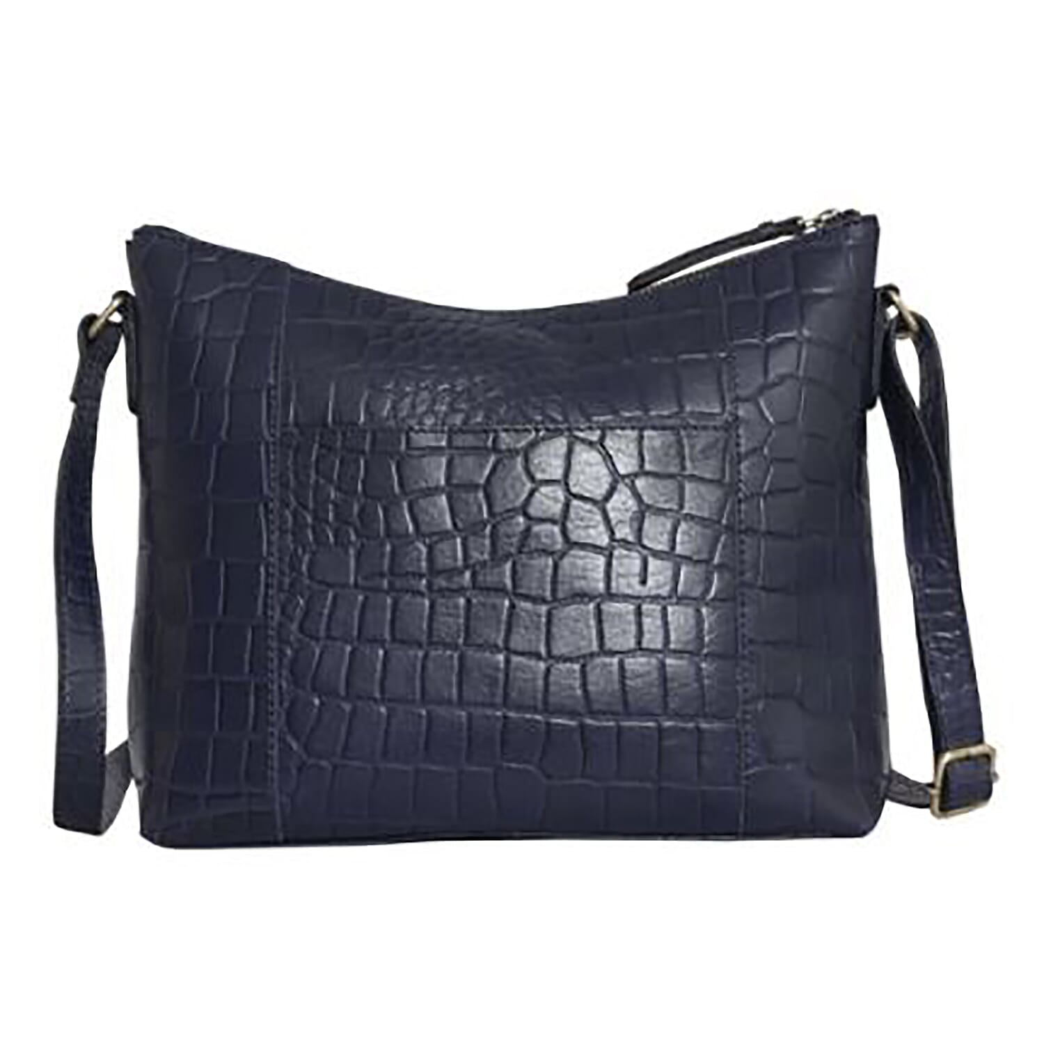 Assots London OLGA Croc Embossed Genuine Leather Crossbody Bag with Zipper Closure and Adjustable Strap (Size 30x9.5x26 Cm) - Navy