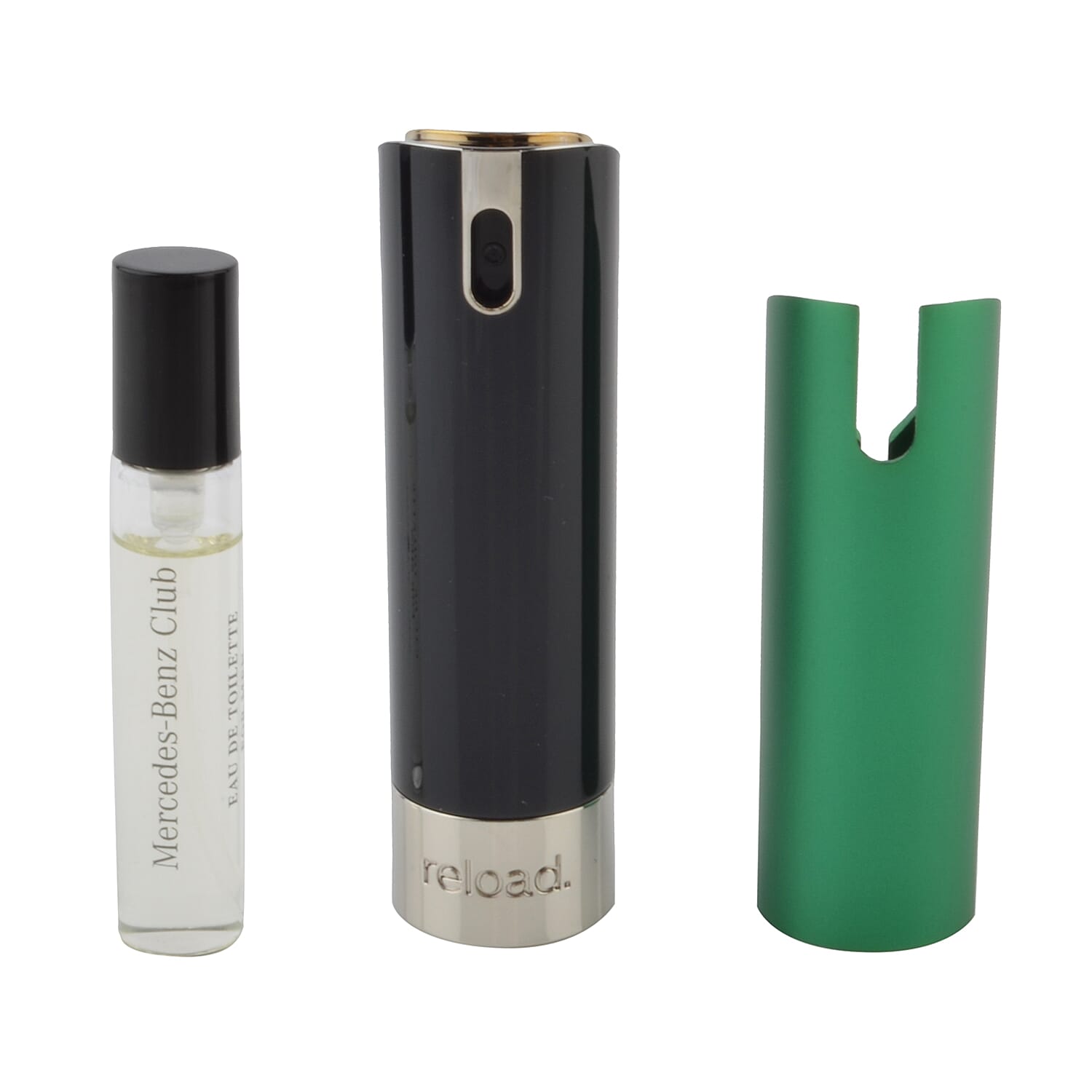 Reload Mini Perfume Spray Black (Incl. Mercedes Club Mini Men - 5ml & Aluminium Green)