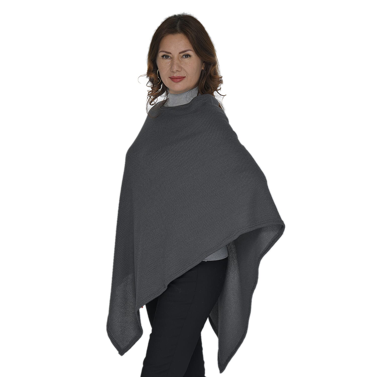 Diamond Shaped Knitted Poncho (Size 109x99 Cm) - Dark Grey