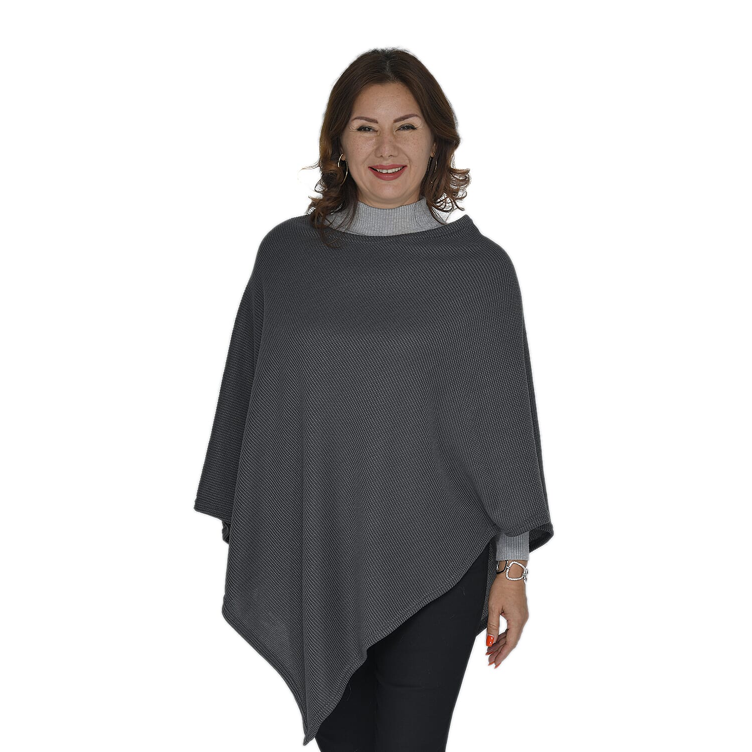Diamond Shaped Knitted Poncho (Size 109x99 Cm) - Dark Grey