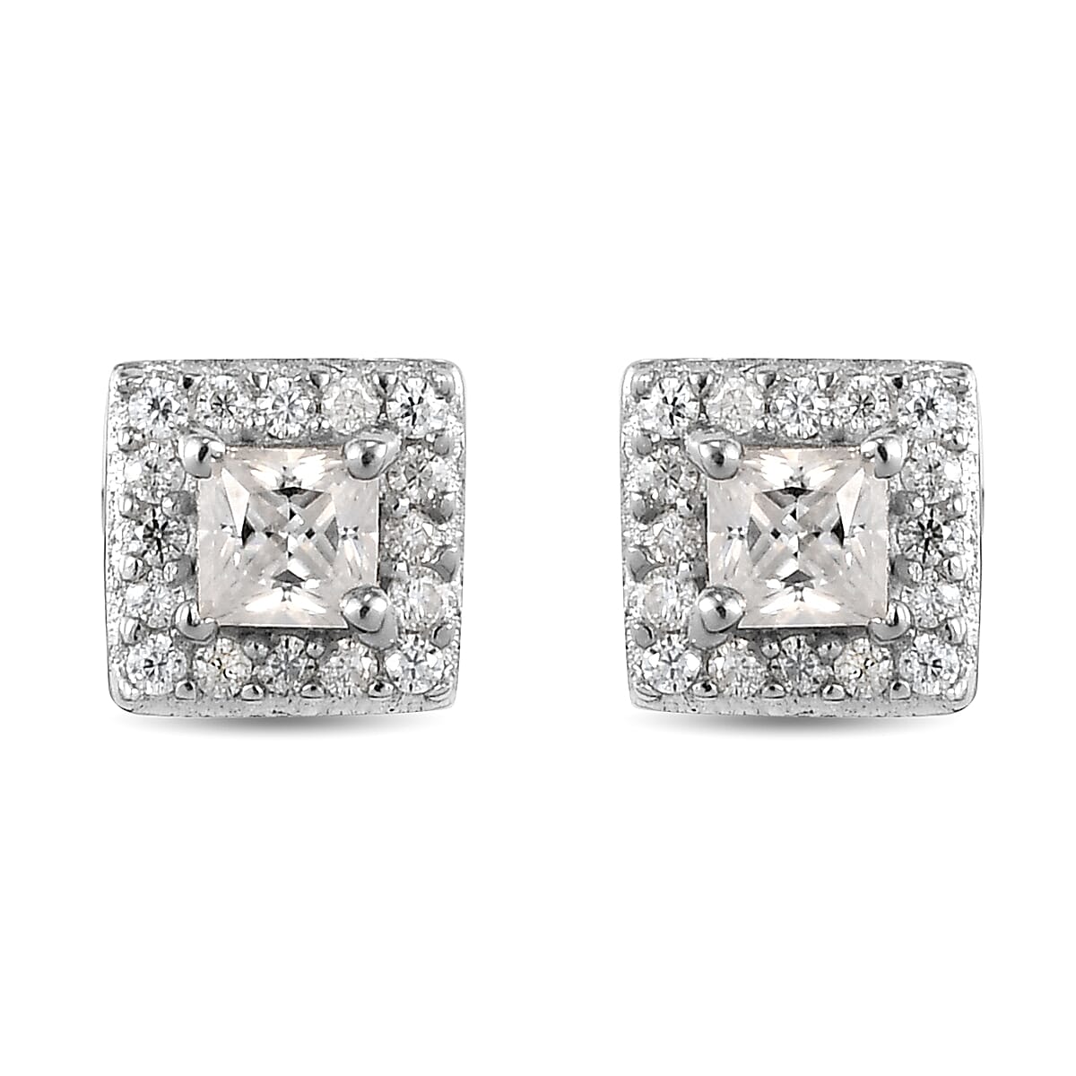 Moissanite  Main Stone With Side Stone Earring in Platinum Overlay Sterling Silver 0.40 ct  0.398  Ct.