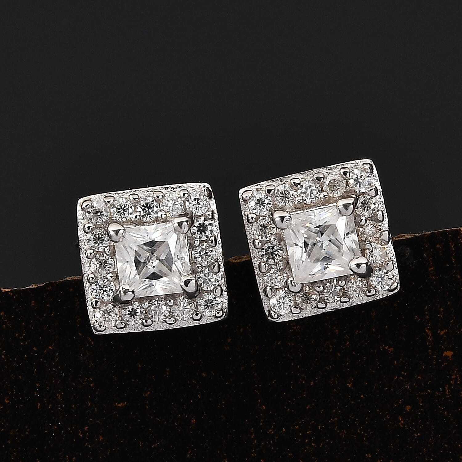 Moissanite  Main Stone With Side Stone Earring in Platinum Overlay Sterling Silver 0.40 ct  0.398  Ct.