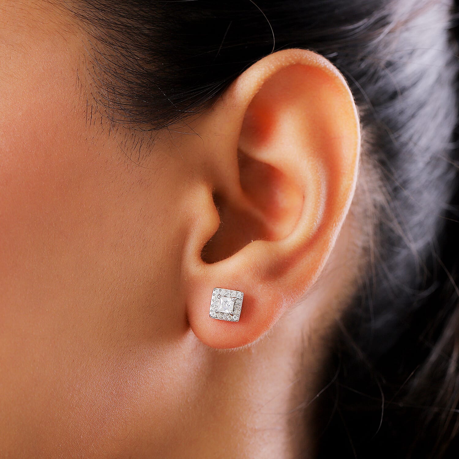 Moissanite  Main Stone With Side Stone Earring in Platinum Overlay Sterling Silver 0.40 ct  0.398  Ct.