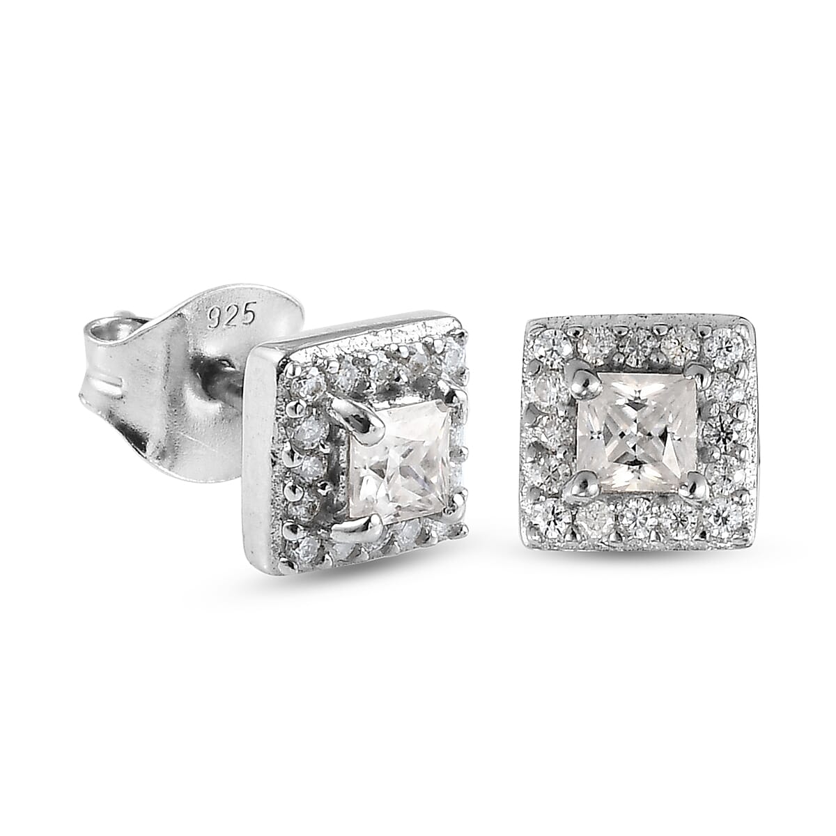 Moissanite  Main Stone With Side Stone Earring in Platinum Overlay Sterling Silver 0.40 ct  0.398  Ct.