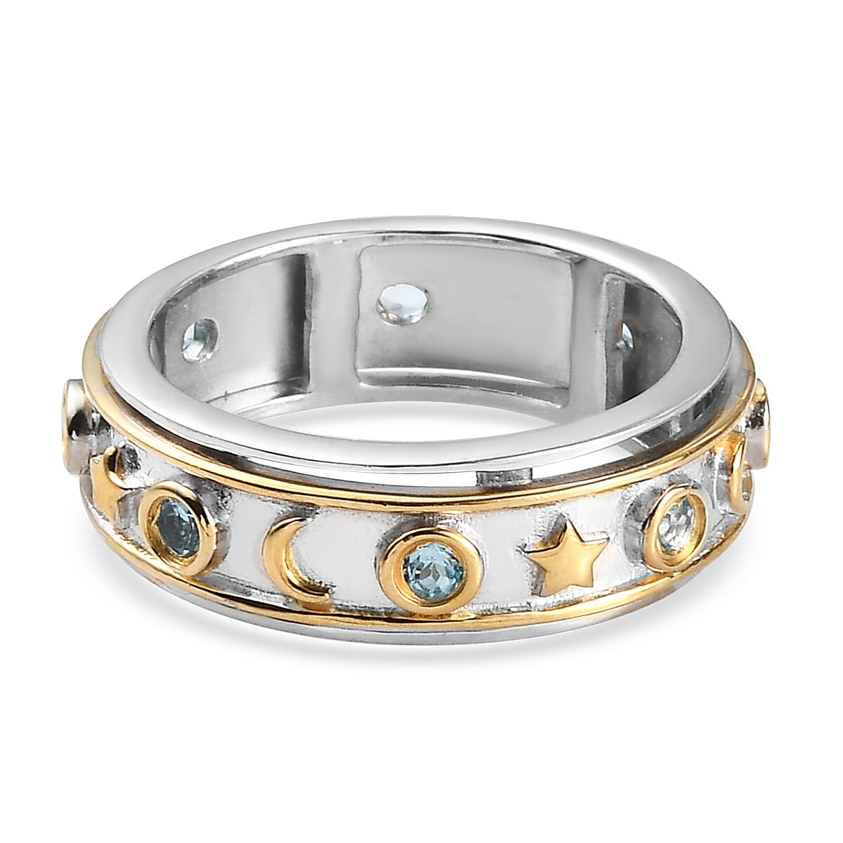 Swiss Blue Topaz Moon Star Spinner Ring in Sterling Silver