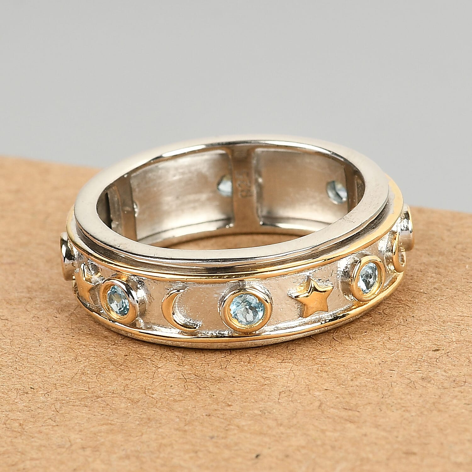 Swiss Blue Topaz Moon Star Spinner Ring in Sterling Silver