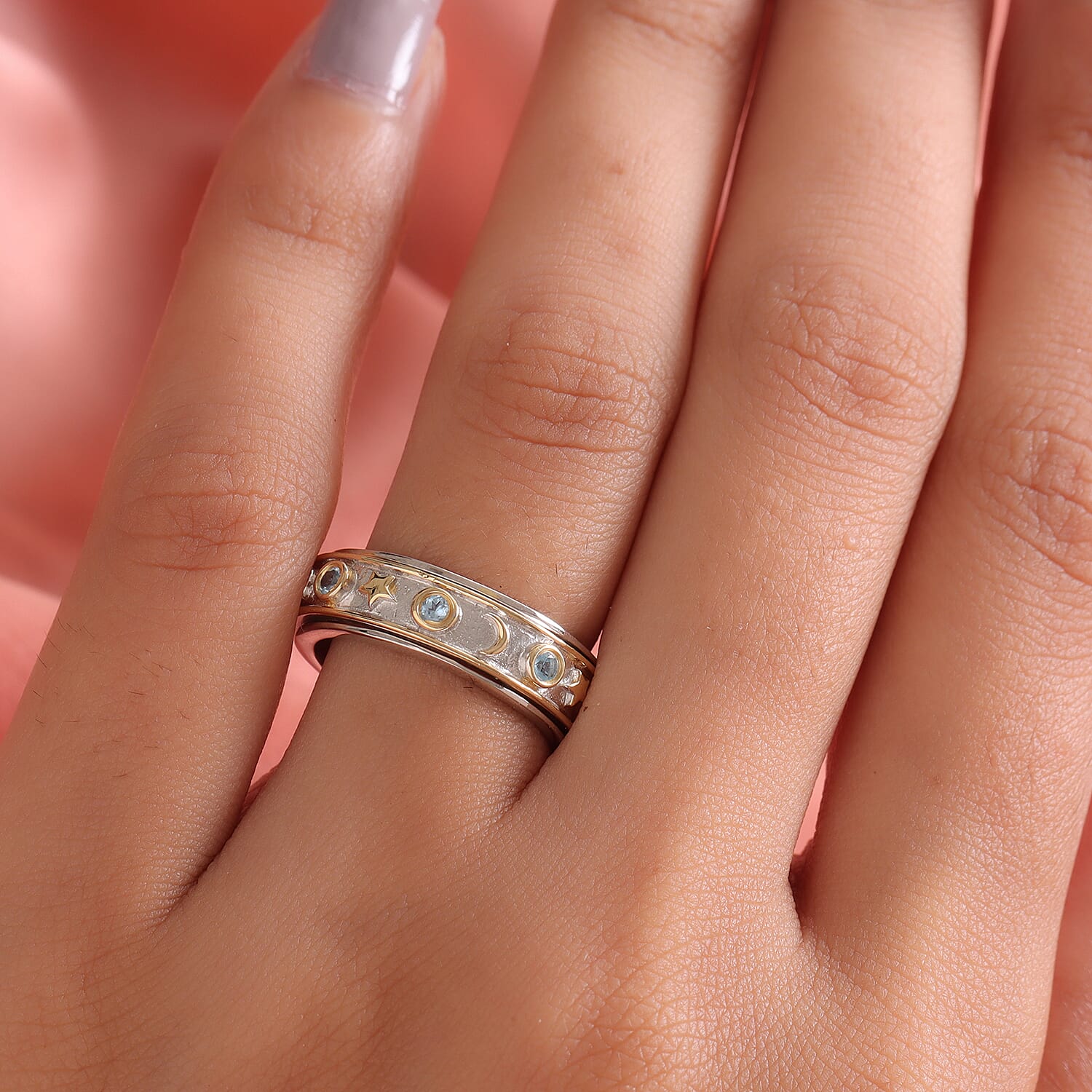 Swiss Blue Topaz Moon Star Spinner Ring in Sterling Silver