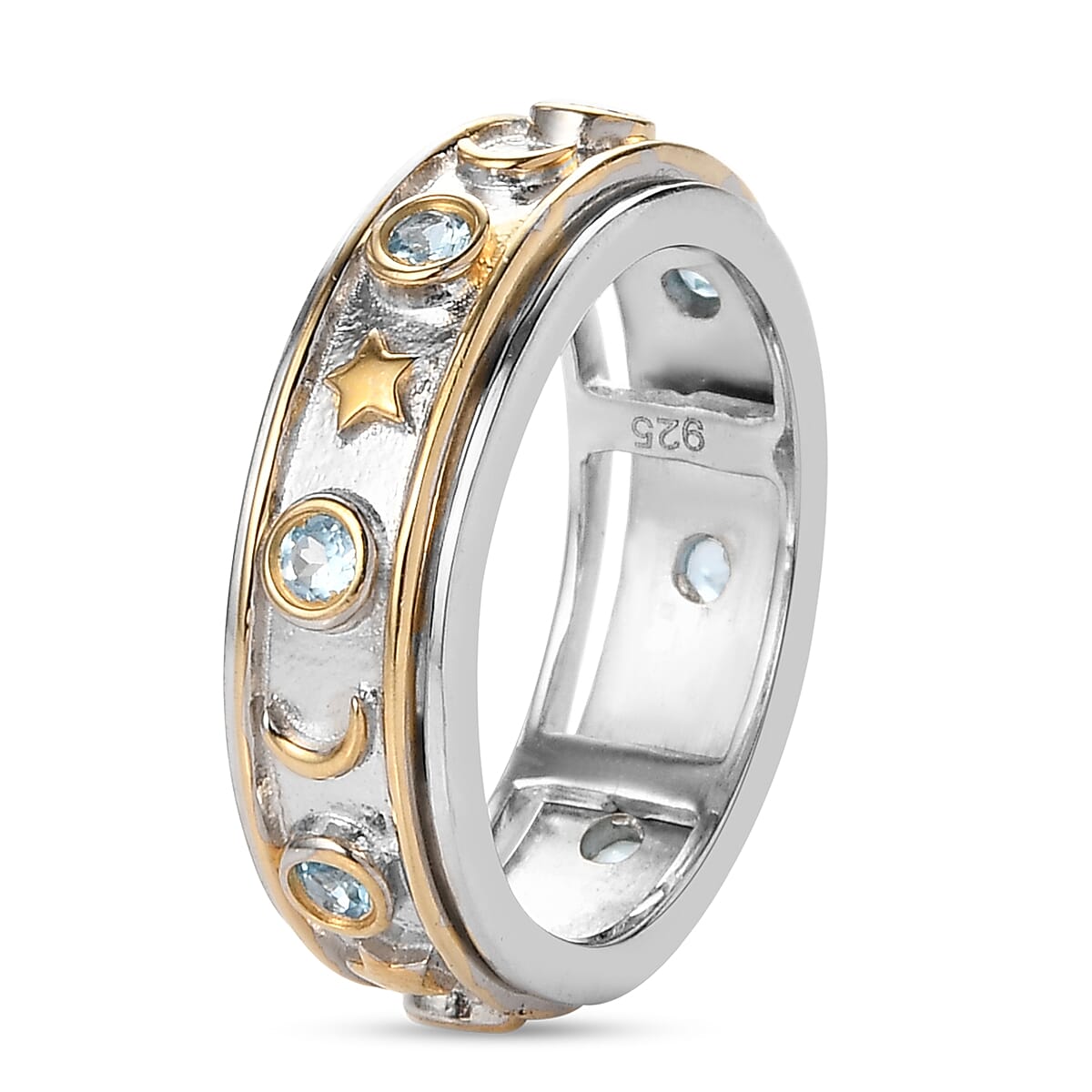 Swiss Blue Topaz Moon Star Spinner Ring in Sterling Silver