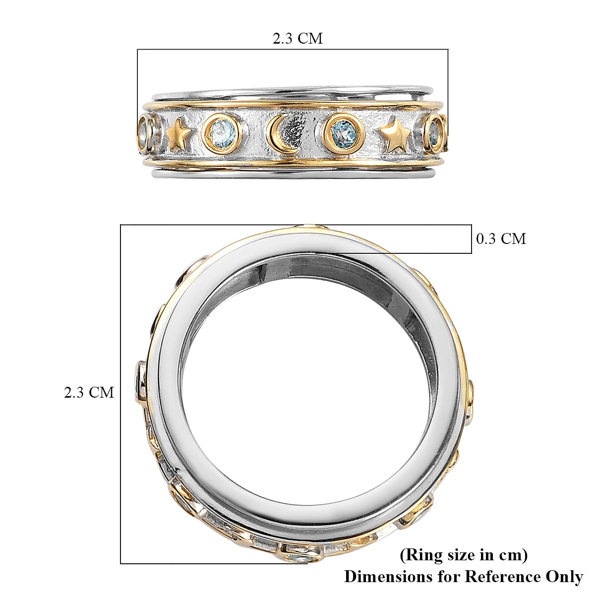 Swiss Blue Topaz Moon Star Spinner Ring in Sterling Silver