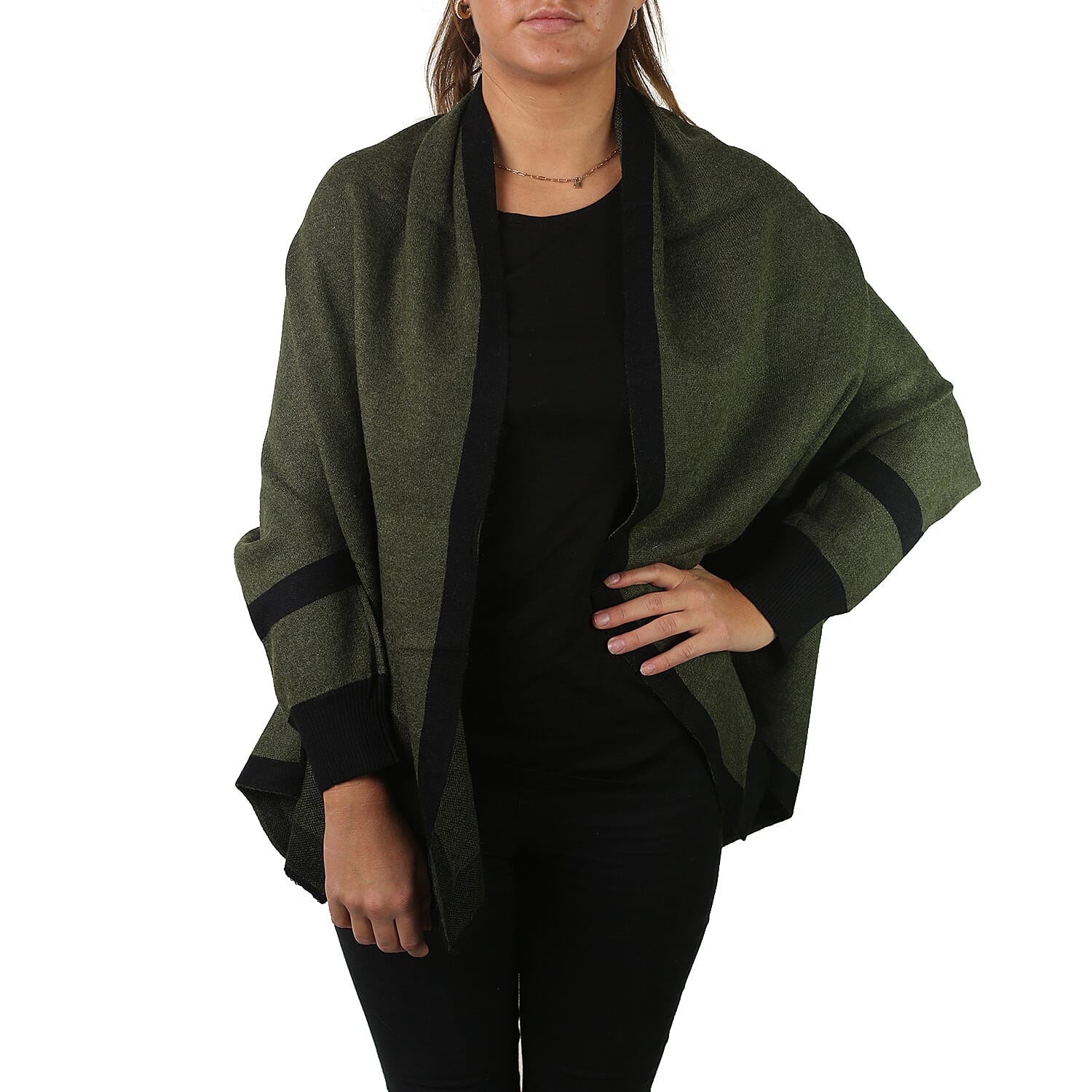 Longline Border Cardigan (Size 8-18) - Khaki & Black