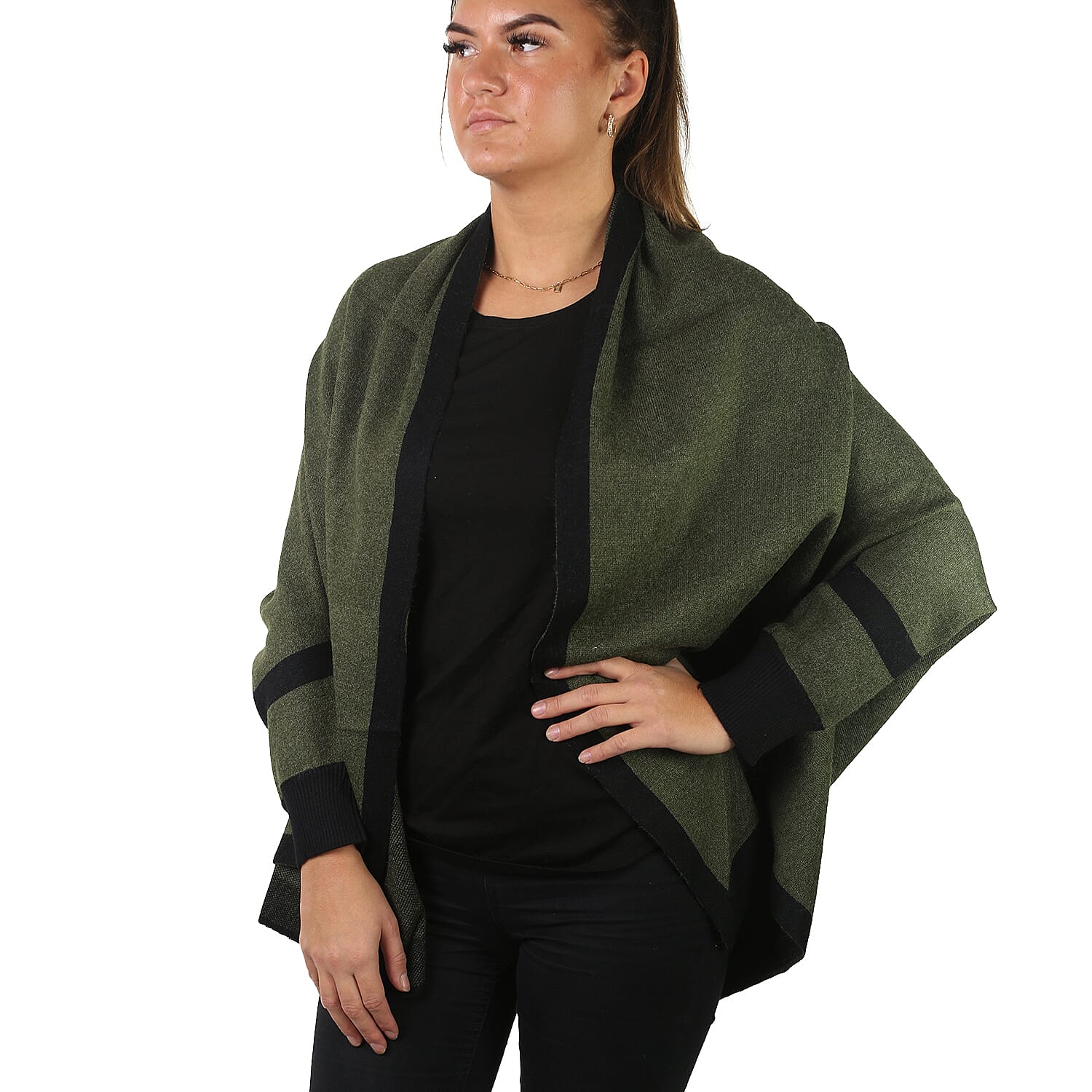 Longline Border Cardigan (Size 8-18) - Khaki & Black