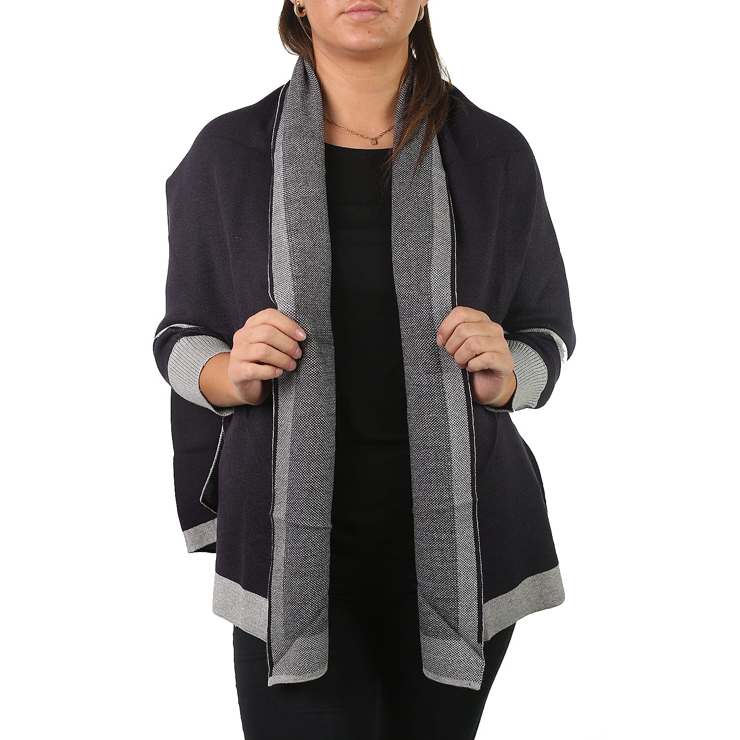 Longline Border Cardigan (Size 8-18) - Navy & Grey