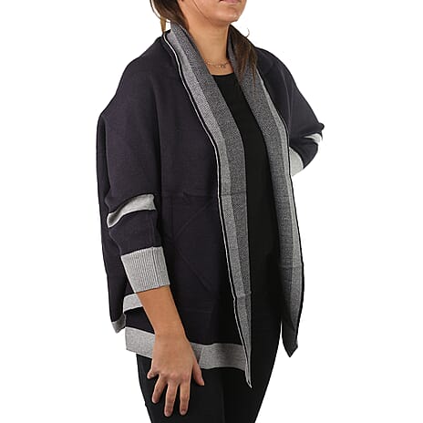 Longline Border Cardigan (Size 8-18) - Navy - Grey