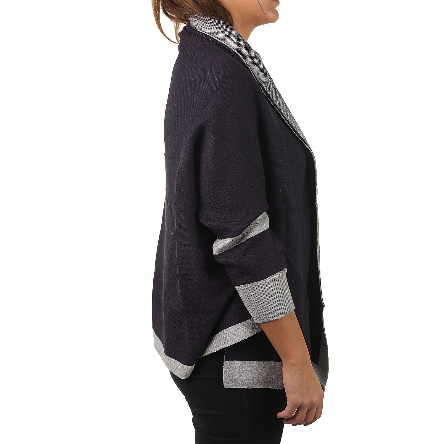 Longline Border Cardigan (Size 8-18) - Navy & Grey
