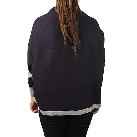 Longline Border Cardigan (Size 8-18) - Navy - Grey