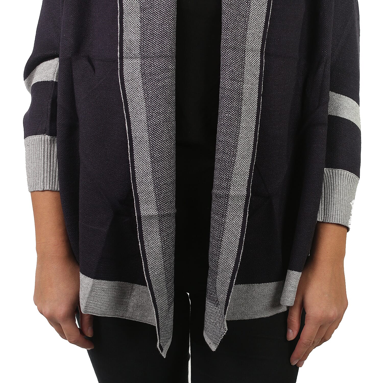 Longline Border Cardigan (Size 8-18) - Navy & Grey