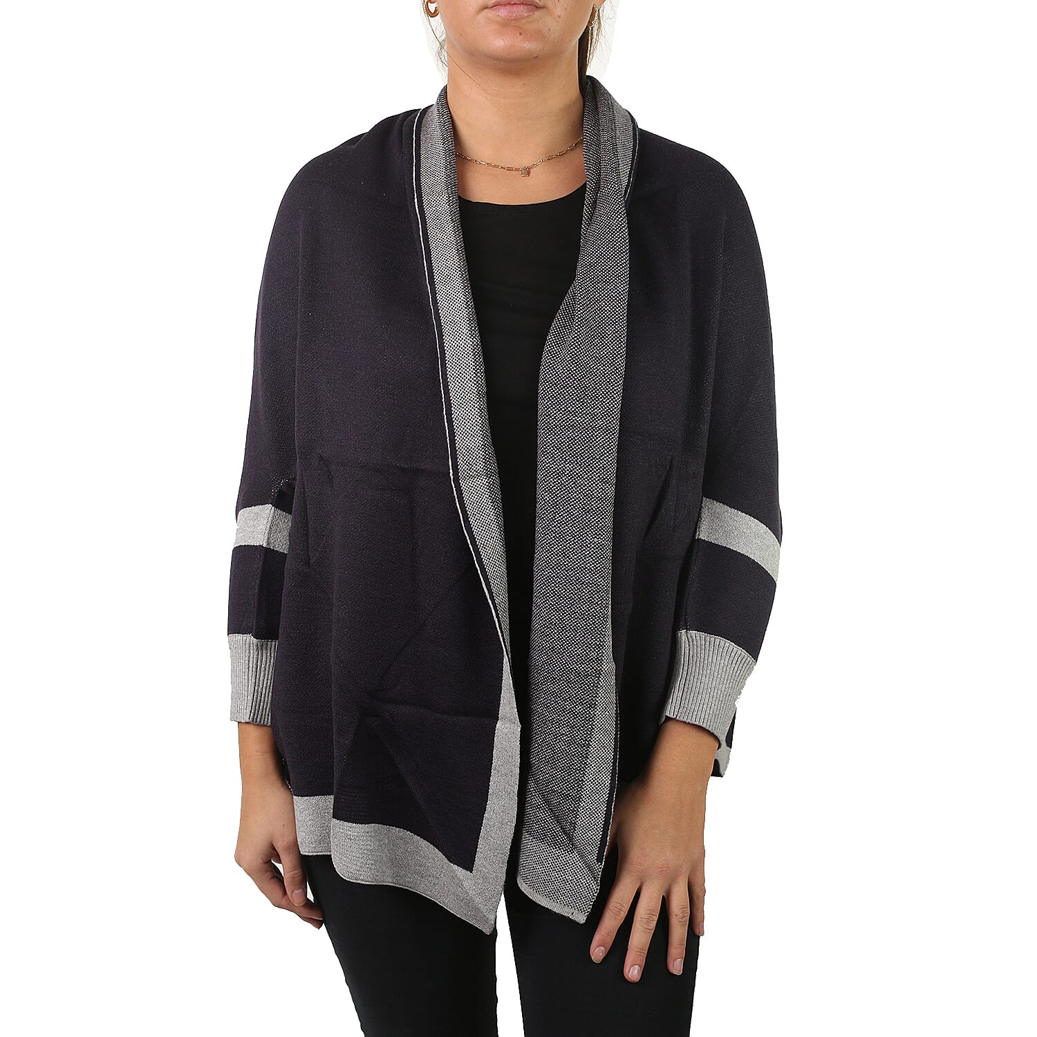 Longline Border Cardigan (Size 8-18) - Navy & Grey
