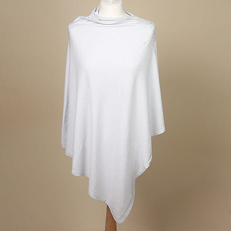 Kris Ana Diamante Trim Poncho (One Size, Fits Approx 8-18) - Light Grey