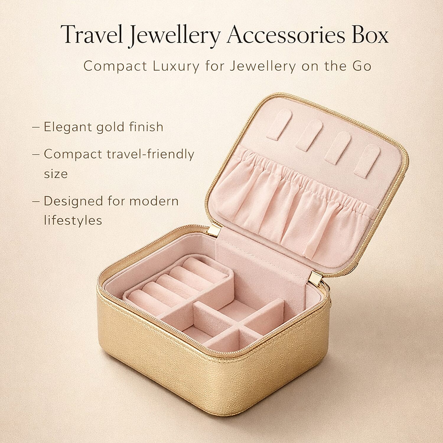 Travel Jewelry & Accessories Box with Removable Sections - Gold