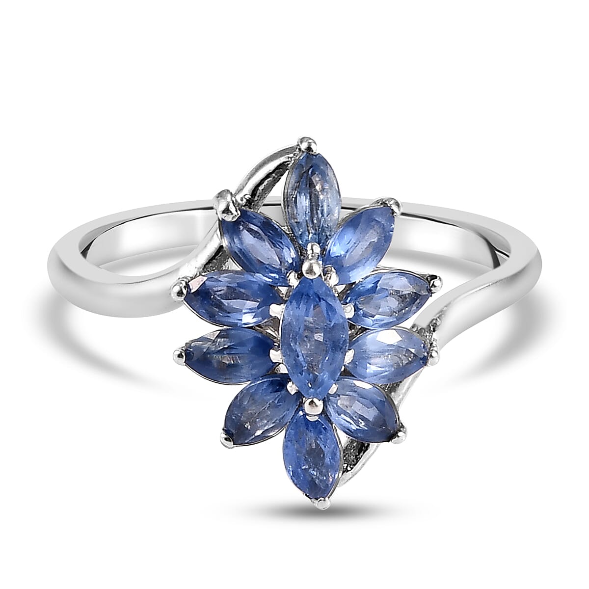 Natural Blue Sapphire Floral Ring in Platinum Overlay Sterling Silver 1.04 Ct.