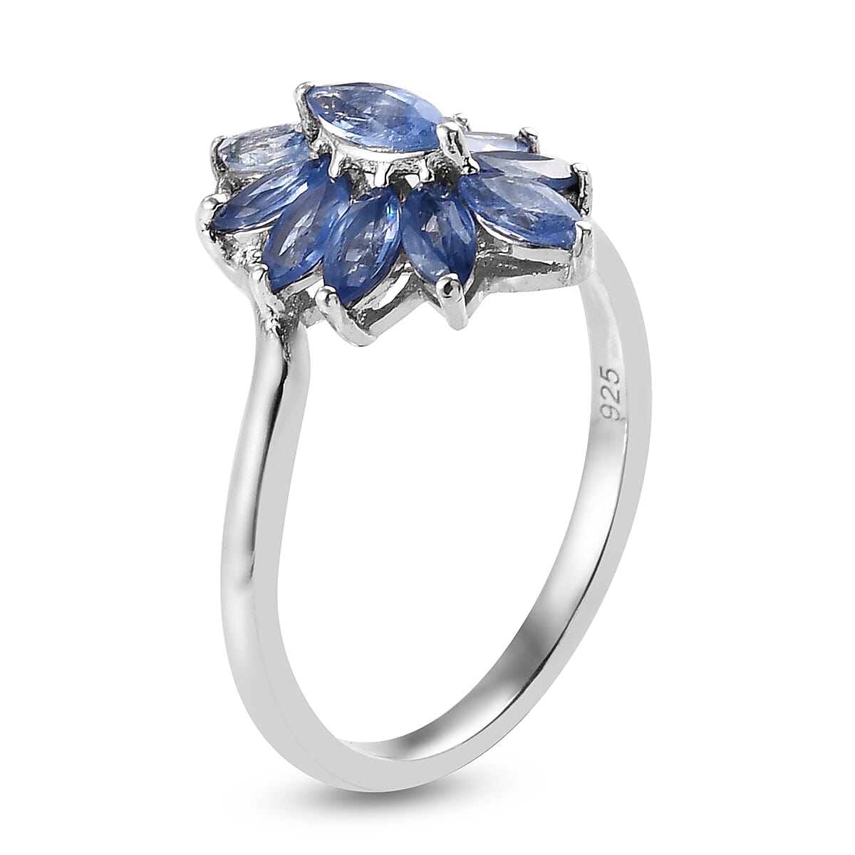 Natural Blue Sapphire Floral Ring in Platinum Overlay Sterling Silver 1.04 Ct.