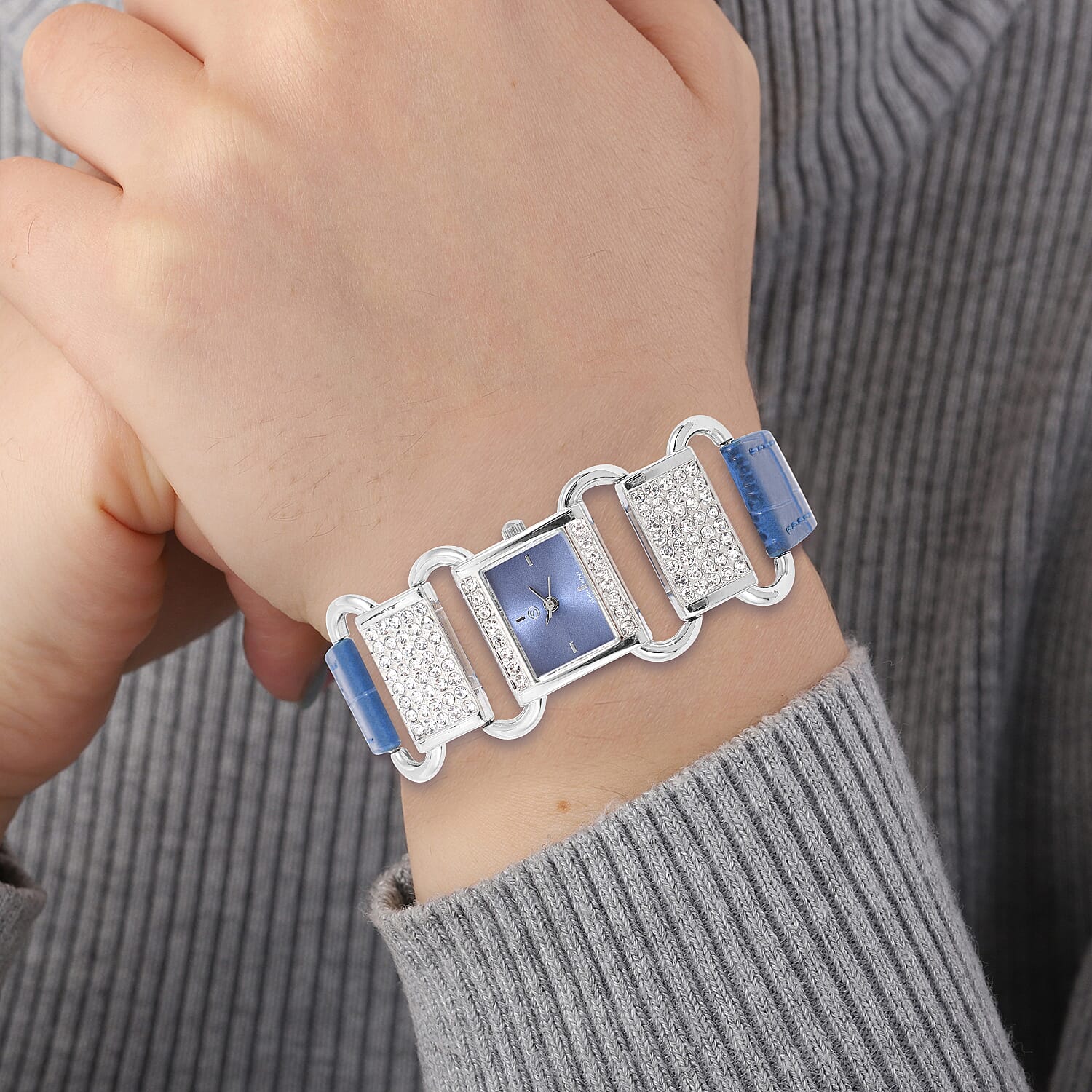 STRADA Japanese Movement Blue Dial Crystal Studded Water Resistant Watch with Blue Colour Strap