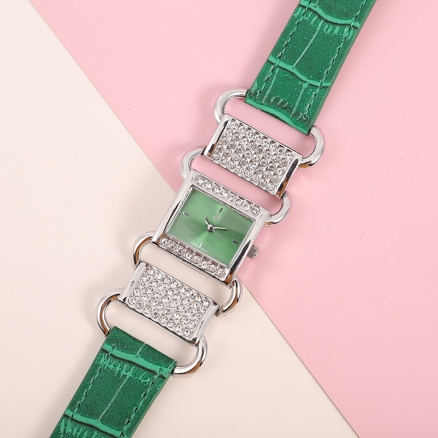 STRADA Japanese Movement Green Dial Crystal Studded Water Resistant Watch with Green Colour Strap