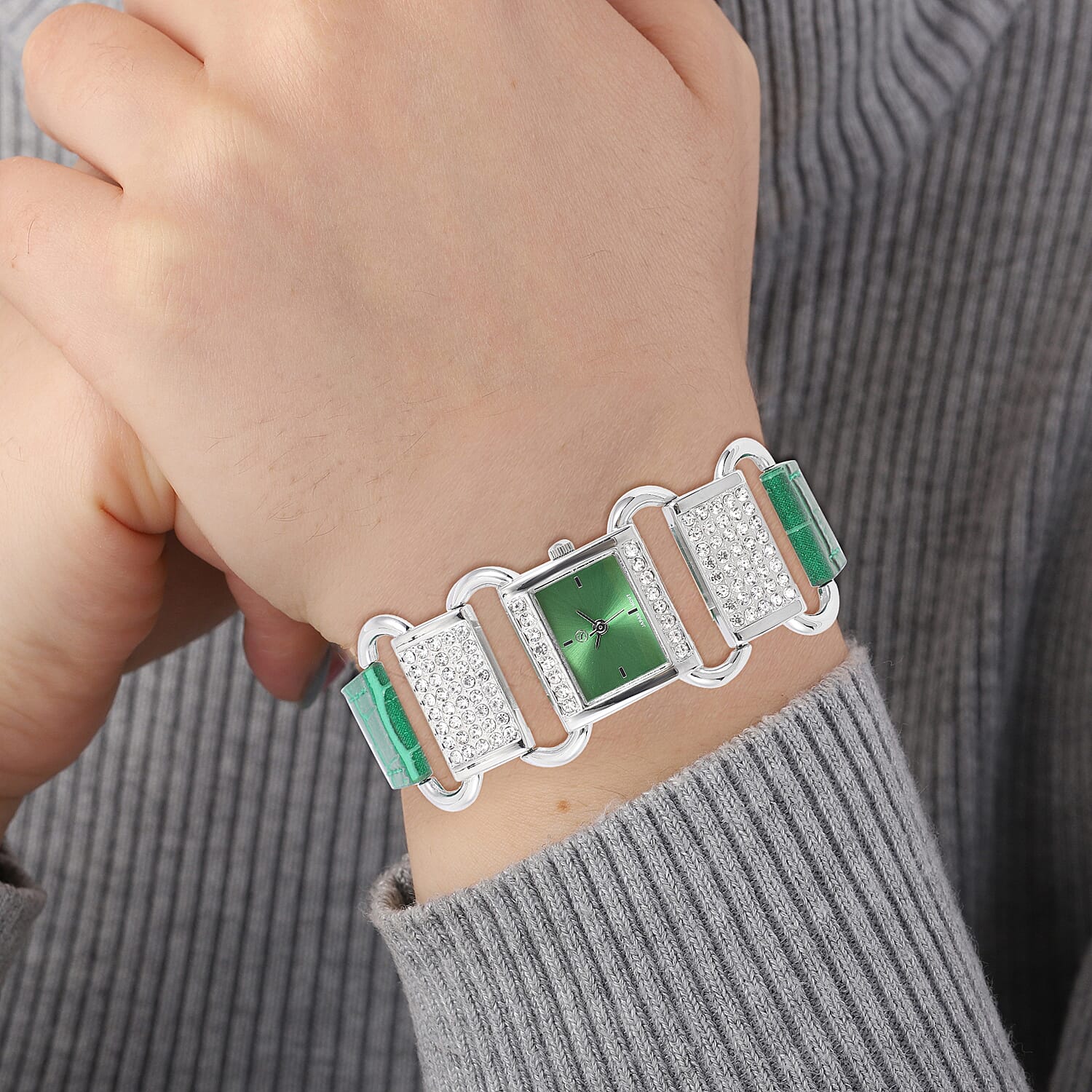 STRADA Japanese Movement Green Dial Crystal Studded Water Resistant Watch with Green Colour Strap