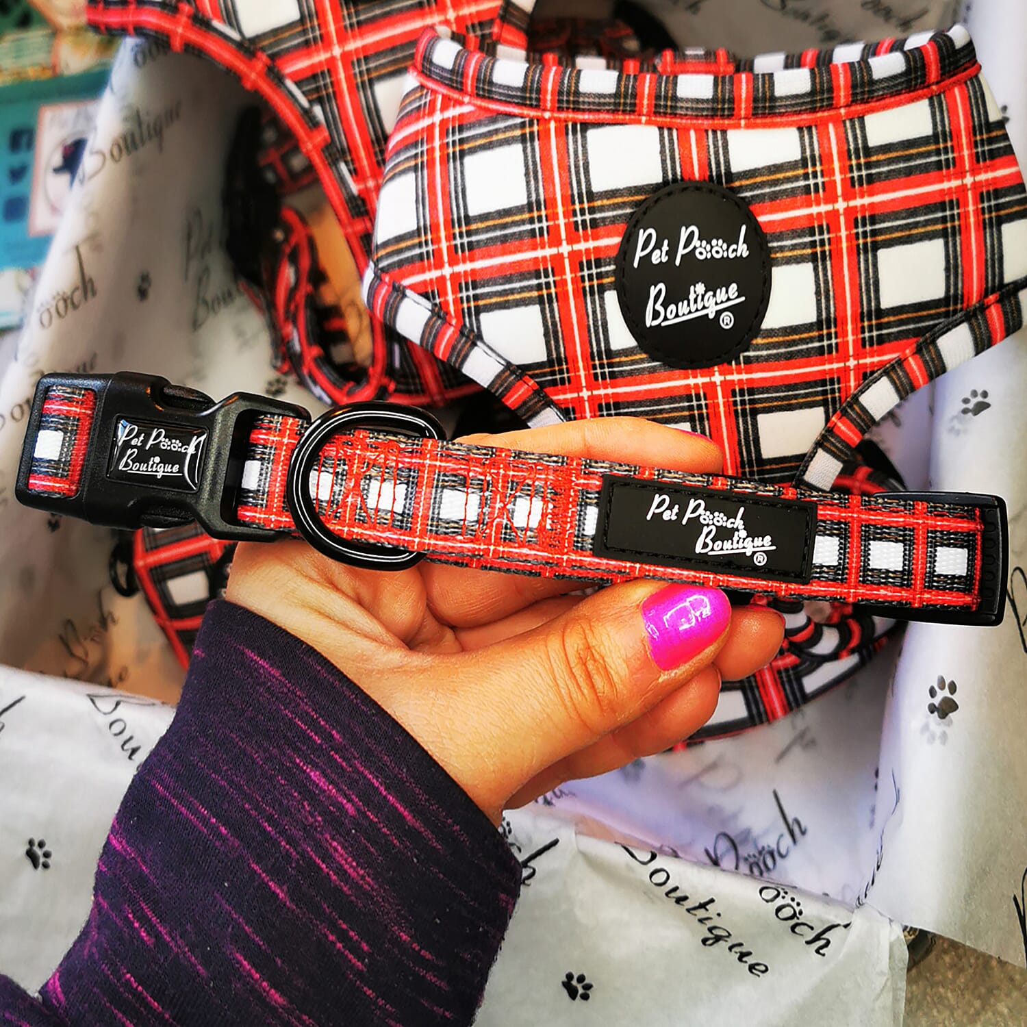 Pet Pooch Boutique- Alfies Plaid Adjustable Collar (Size Large, 70 Cm) - Red & White