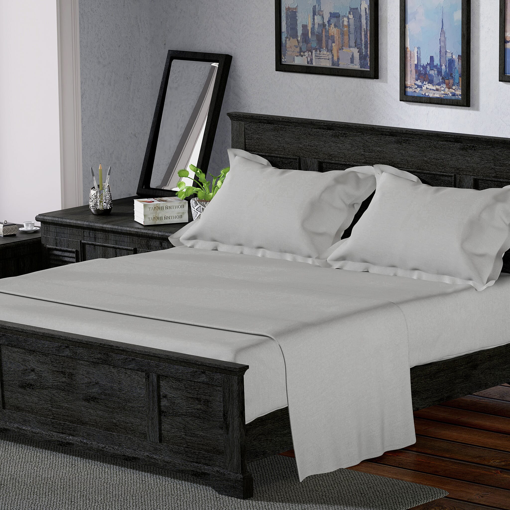 4 Piece Set - Cotton Flat Sheet Fitted Sheet and 2 Pillowcase - Grey