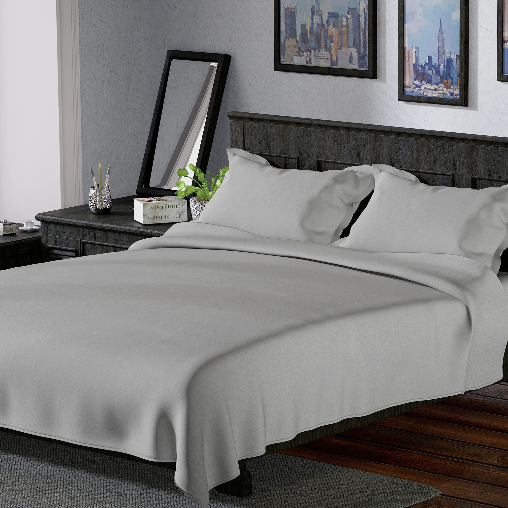 4 Piece Set - Cotton Flat Sheet Fitted Sheet and 2 Pillowcase - Grey