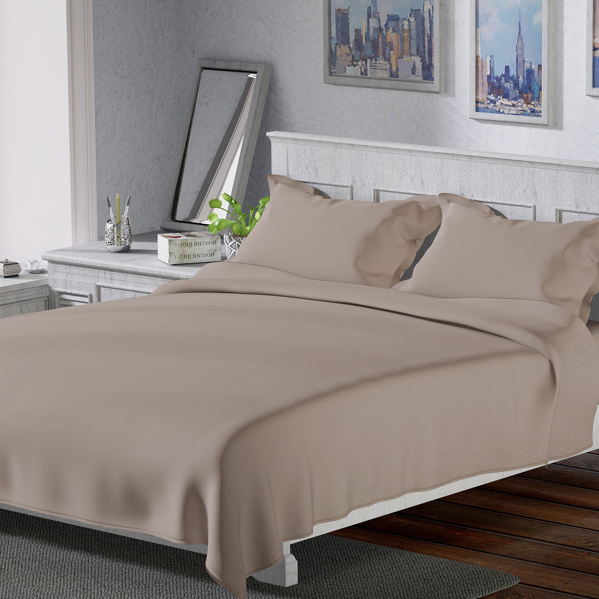 4 Piece Set - Cotton Flat Sheet Fitted Sheet and 2 Pillowcase - Grey