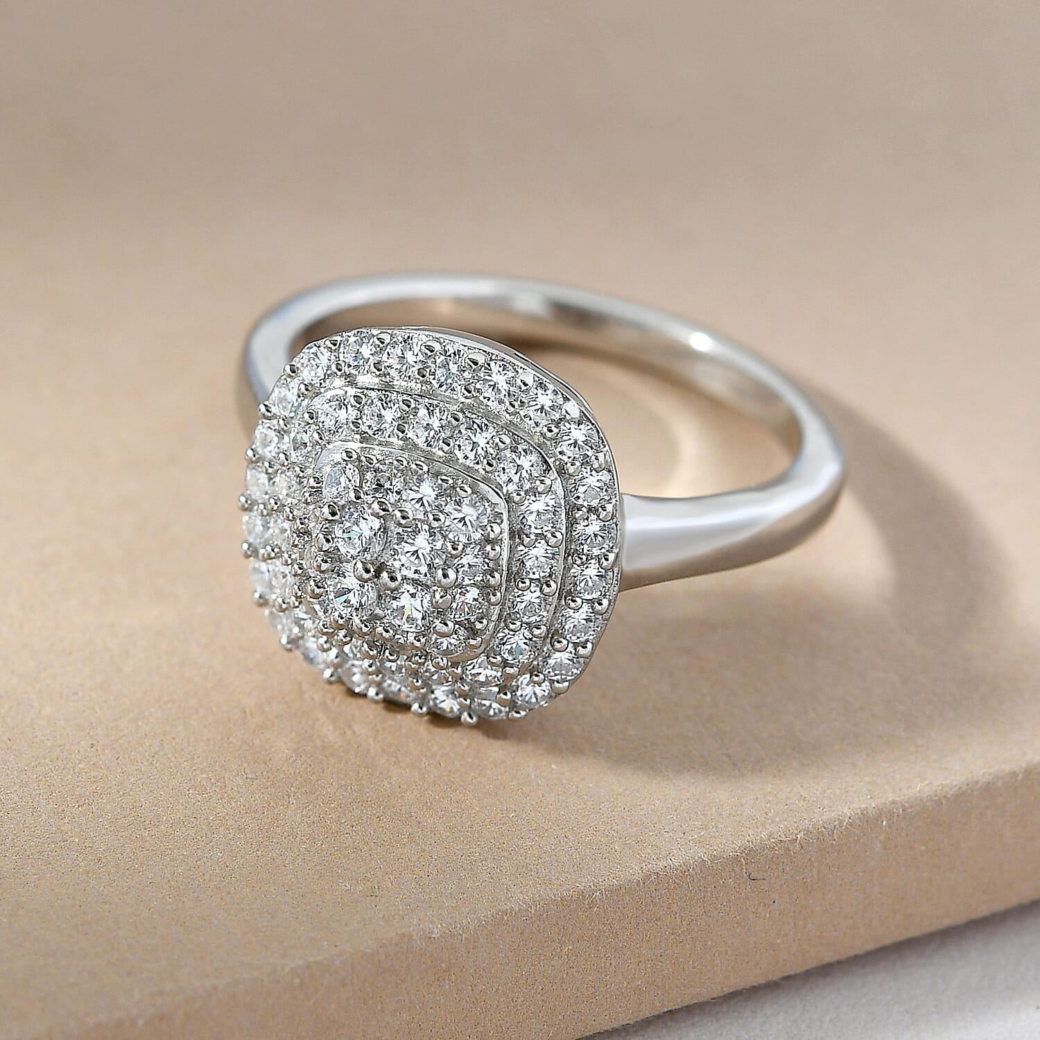 Lustro Stella Platinum Overlay Sterling Silver Cluster Ring Made with Finest CZ 1.30 Ct