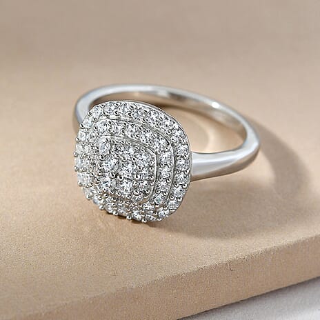 Lustro Stella Platinum Overlay Sterling Silver Cluster Ring Made with Finest CZ 1.30 Ct