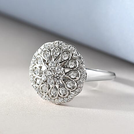 Lustro Stella Platinum Overlay Sterling Silver Cluster Ring Made with Finest CZ