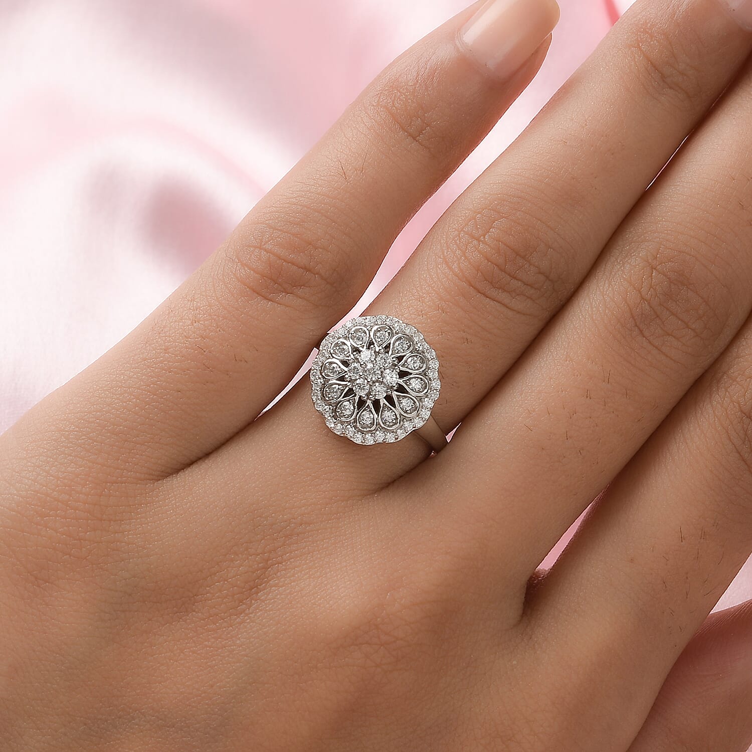 Lustro Stella Platinum Overlay Sterling Silver Cluster Ring Made with Finest CZ